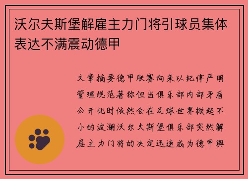 沃尔夫斯堡解雇主力门将引球员集体表达不满震动德甲