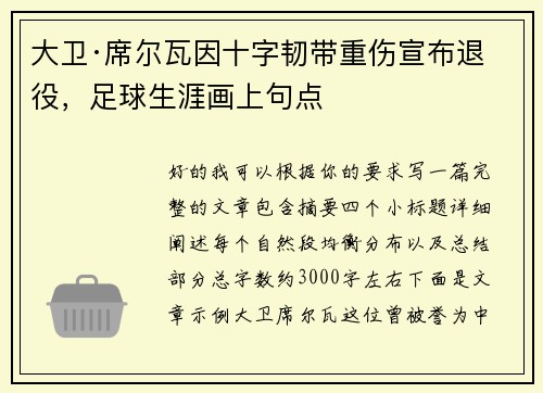 大卫·席尔瓦因十字韧带重伤宣布退役，足球生涯画上句点